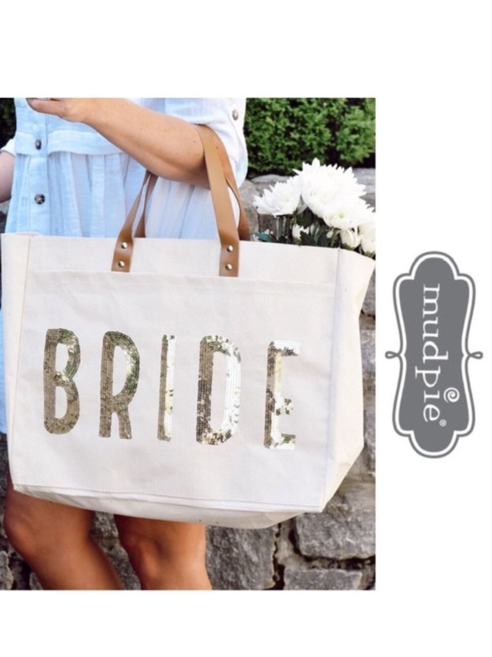 Mudpie | Cream and Gold Sequin Bride Tote Bag | One Size
